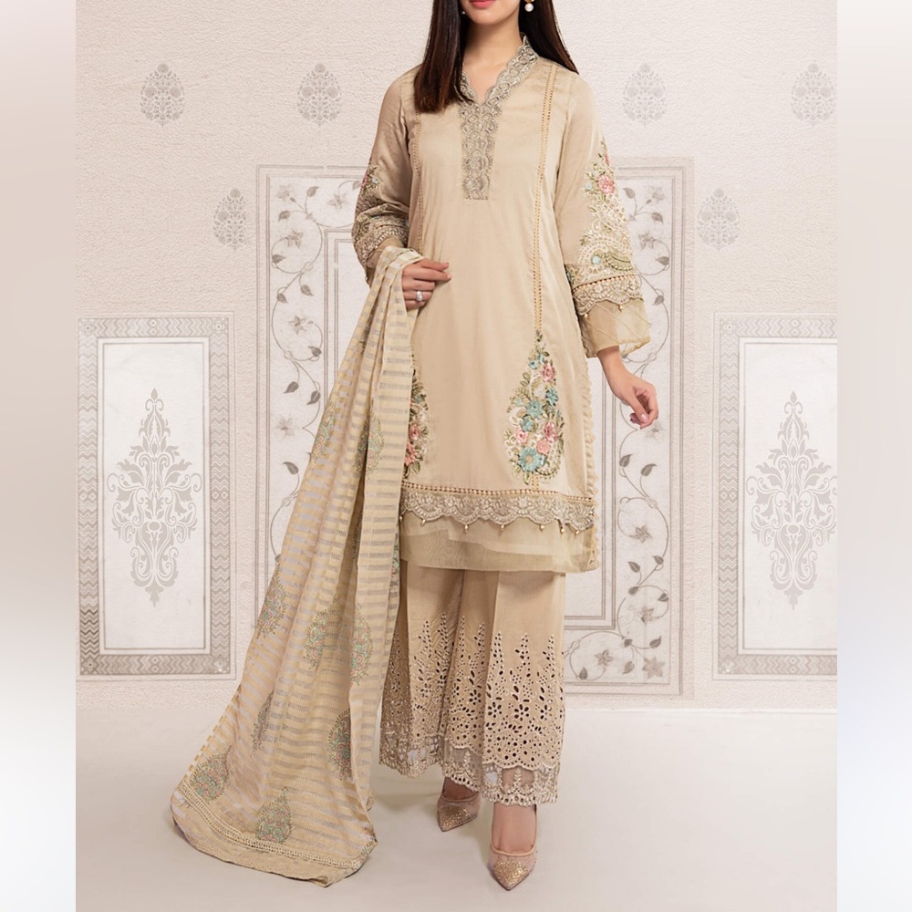 Maria B Coffee Embroidered 3pc Suit